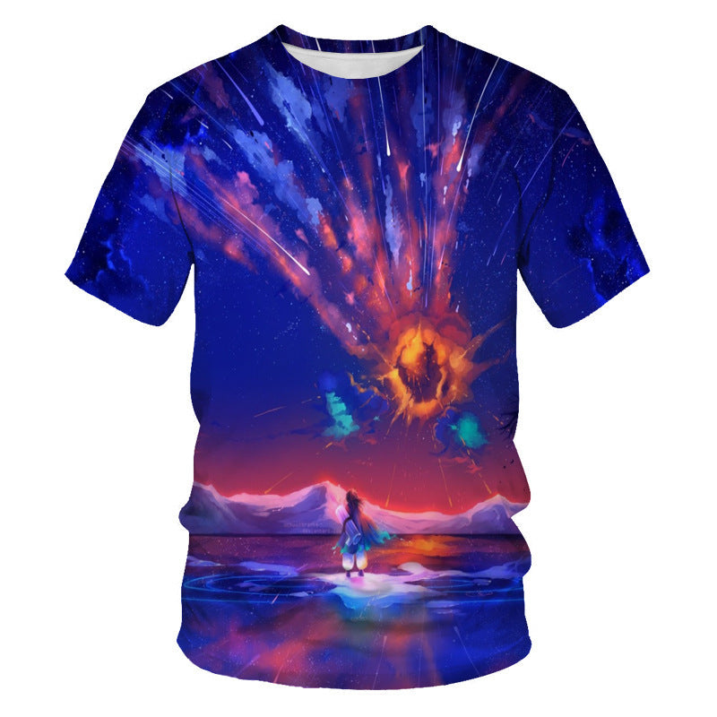 Mens Fashion Casual Digital Print Crew Neck T-shirt