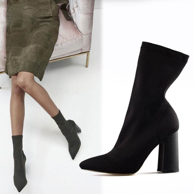 Wool stretch boots women thick heel sock boots ankle boots - Mubimart