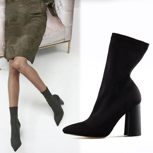 Wool stretch boots women thick heel sock boots ankle boots - Mubimart