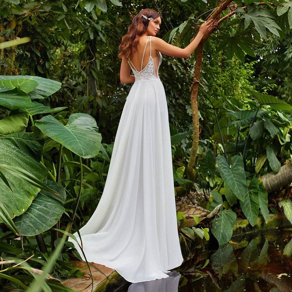 Sexy Side Slit A-Line Wedding Dresses Boho Beading Spaghetti Straps Sleeveless Lace Appliques Backless Chiffon Bridal Dresses - Mubimart