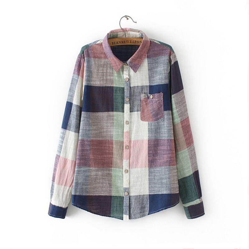 asual Plaid Women Blouses Kimono Vintage Linen Cotton Long Sleeve Blouse Female Shirts Tops - Mubimart