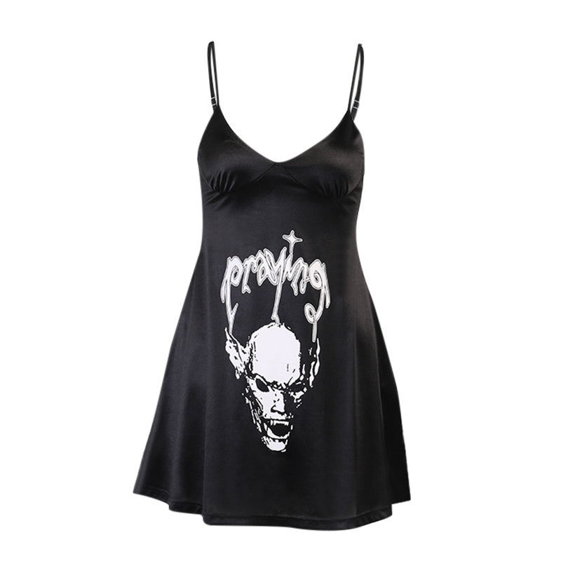 Women's Satin Dark Skull Print Slip Dress - Mubimart -  