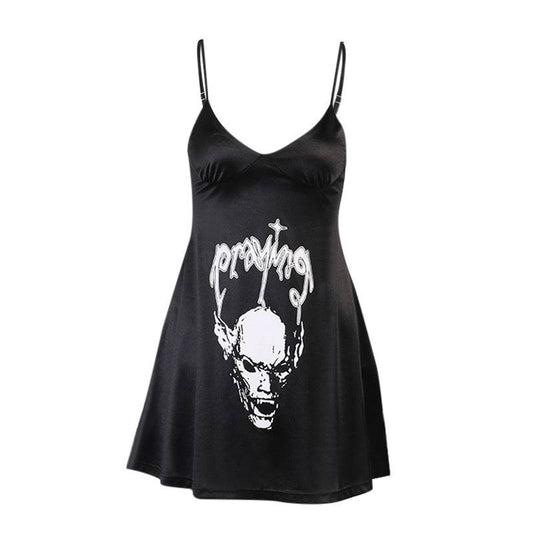 Women's Satin Dark Skull Print Slip Dress - Mubimart