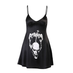 Women's Satin Dark Skull Print Slip Dress - Mubimart -  