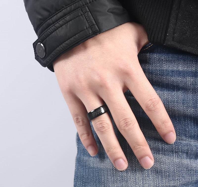 Black Carbon Fiber Inlay Men's Wedding Brand Ring Stainless Steel Jewelry Dropshopping 8mm - Mubimart