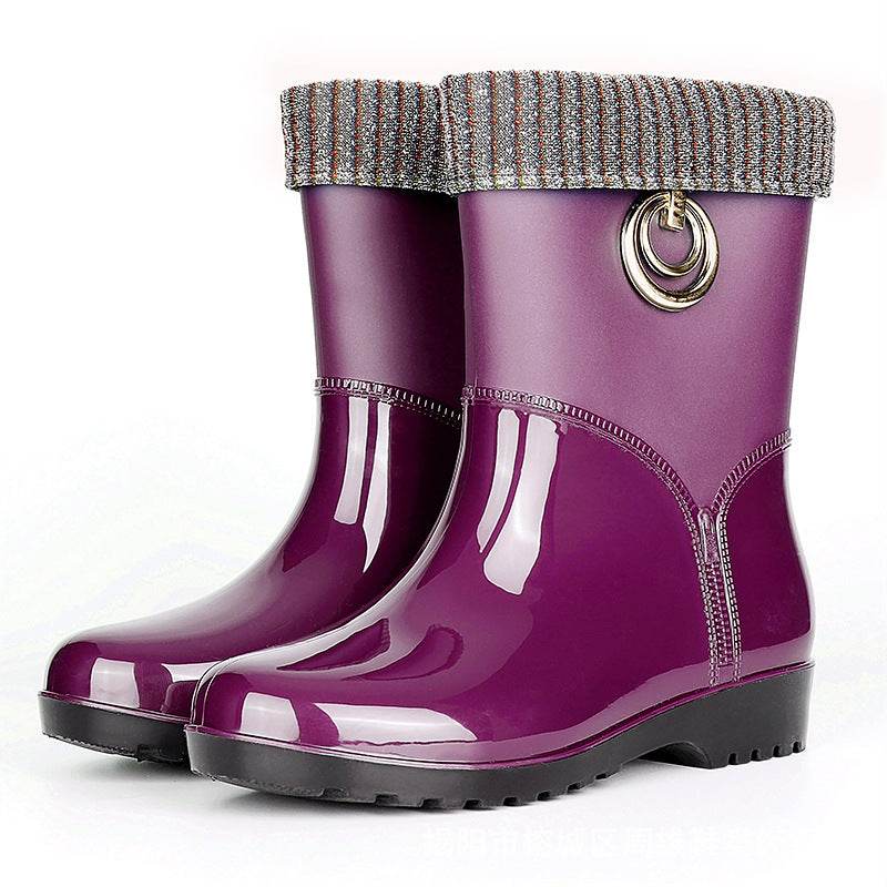 Rain boots women's drum plus cotton rain boots - Mubimart