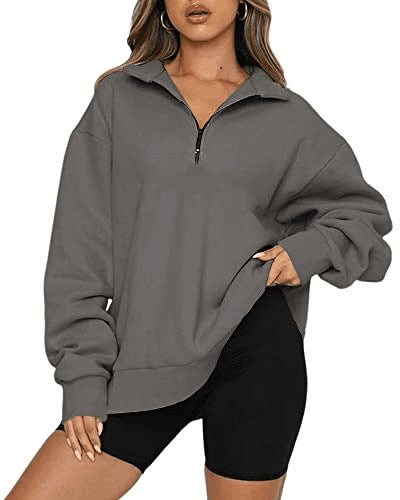 Women Sweatshirts Zip Turndown Collar Loose Casual Tops Clothes - Mubimart -  