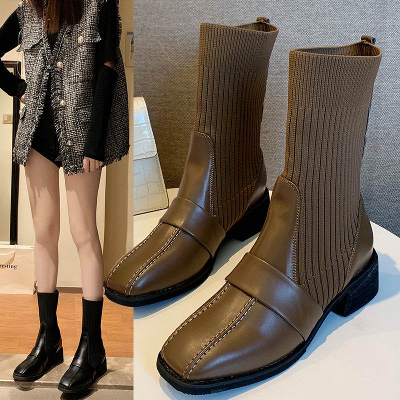 British Style Square Toe Mid-tube Knitted Martin Boots Women - Mubimart