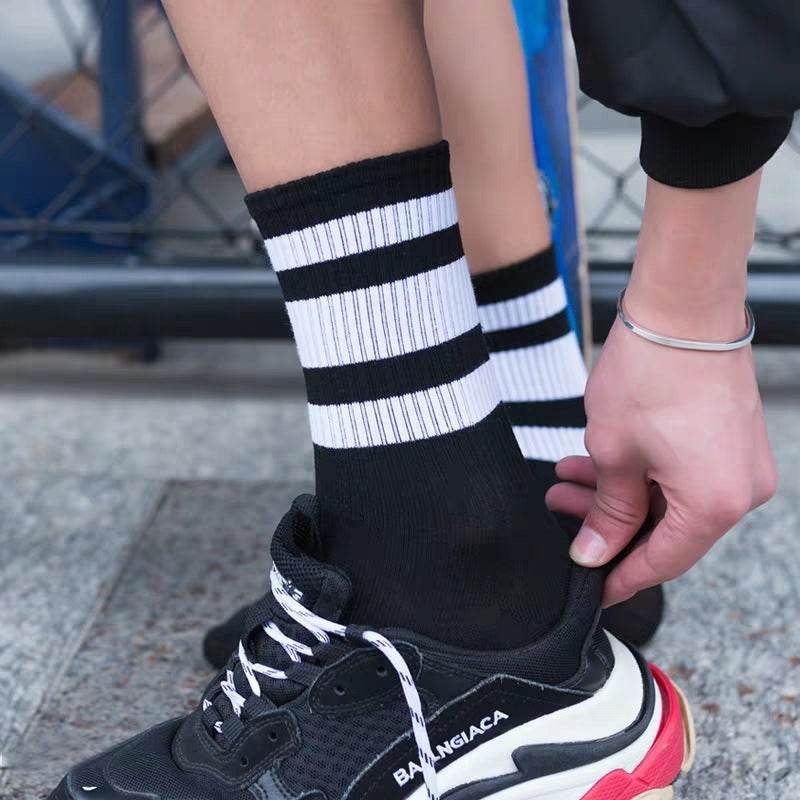 Trendy Pure Cotton Mid-calf Length Socks High-top Skateboard Basketball Socks Fashion Striped Athletic Socks - Mubimart