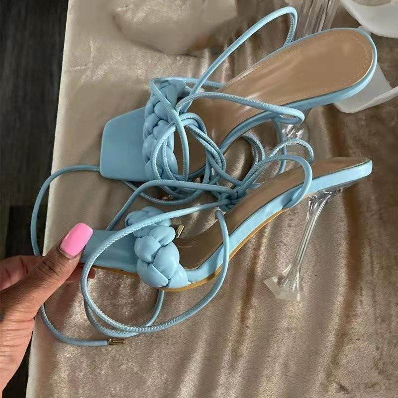 Weave Strappy Sandals Square Toe Stiletto High Heel Shoes Party Pumps - Mubimart