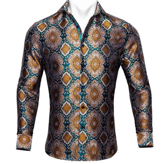 Barry.Wang Teal Paisley Floral Silk Shirts Men Autumn Long Sleeve Casual Flower Shirts For Men Designer Fit Dress Shirt BCY-05 - Mubimart