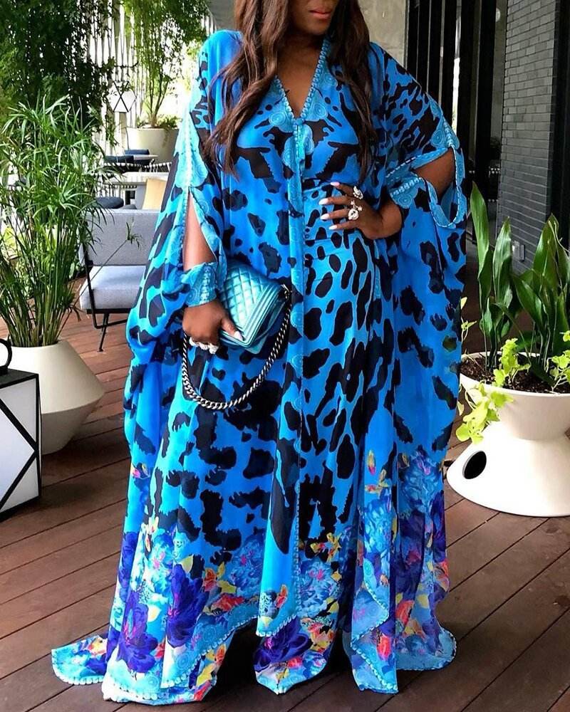 Large Size Women's Printed Loose High Waist Temperament Commuter Blue Maxi Dress - Mubimart