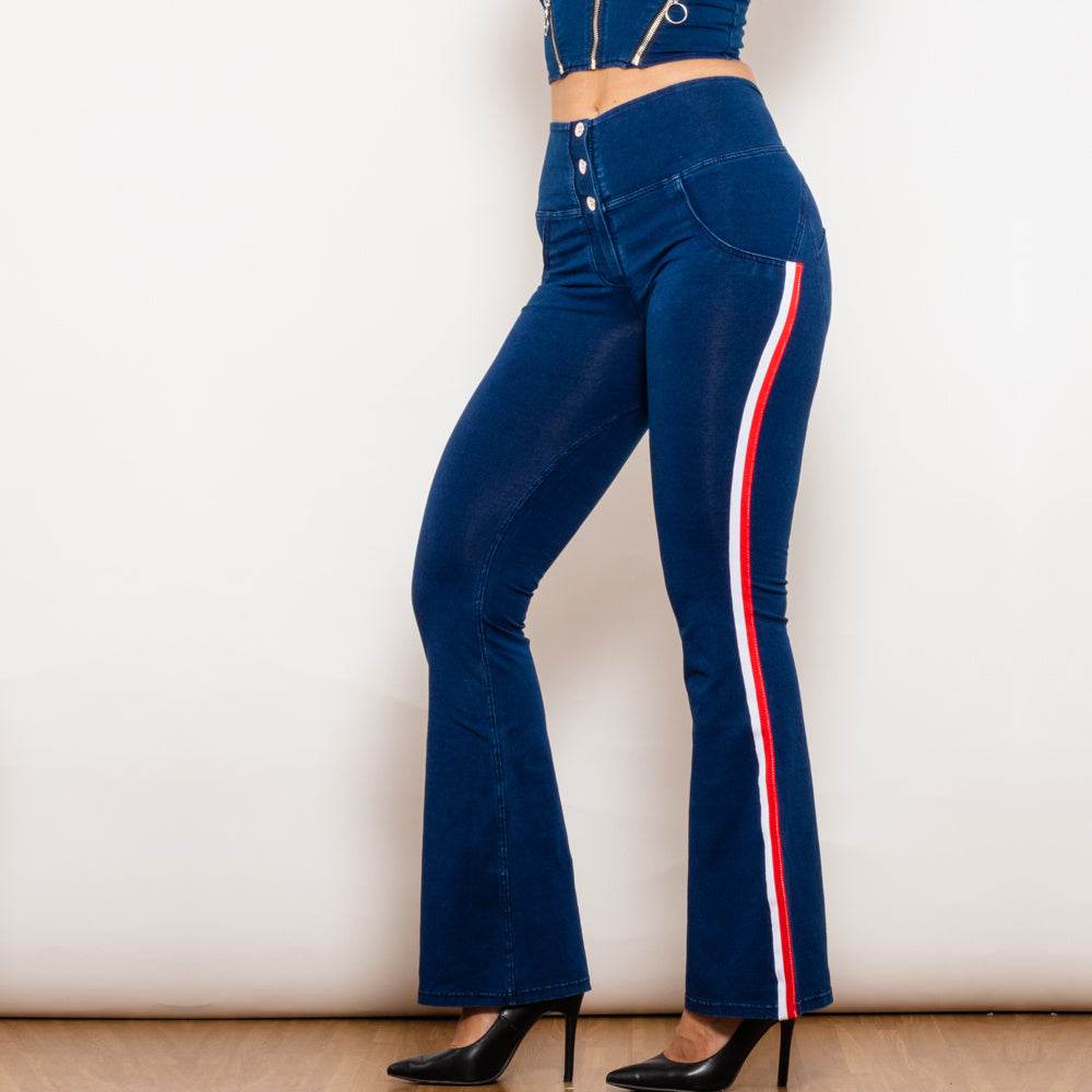 Shascullfites Melody Dark Blue Striped Flared Lift Jeggings Button Up Jeans Bum Lift Jeans High Waist Flare Jeans Women - Mubimart