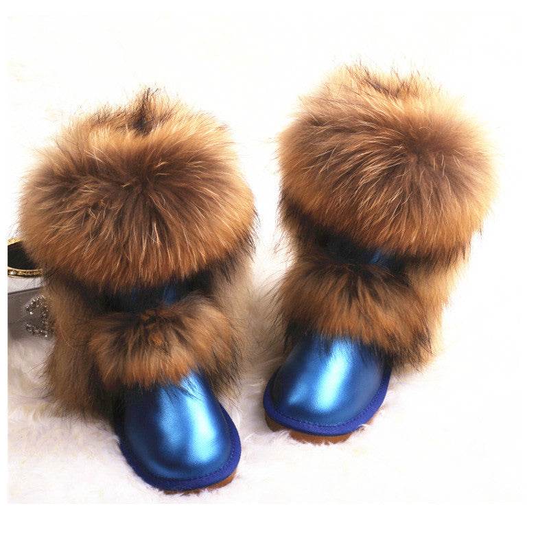 Women's Winter Mid-calf Fox Fur Snow Boots - Mubimart