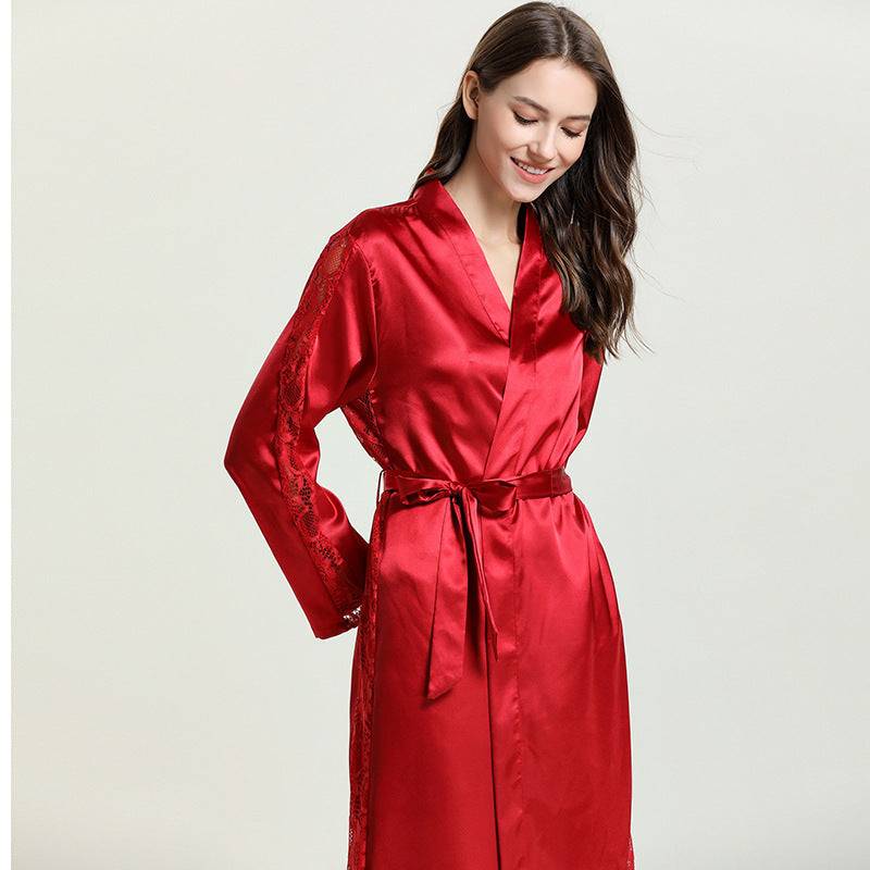 Fashion Ladies Pajamas Imitation Silk Nightgown Lace Sexy Long Nightgown Bathrobe - Mubimart - Nightgown 