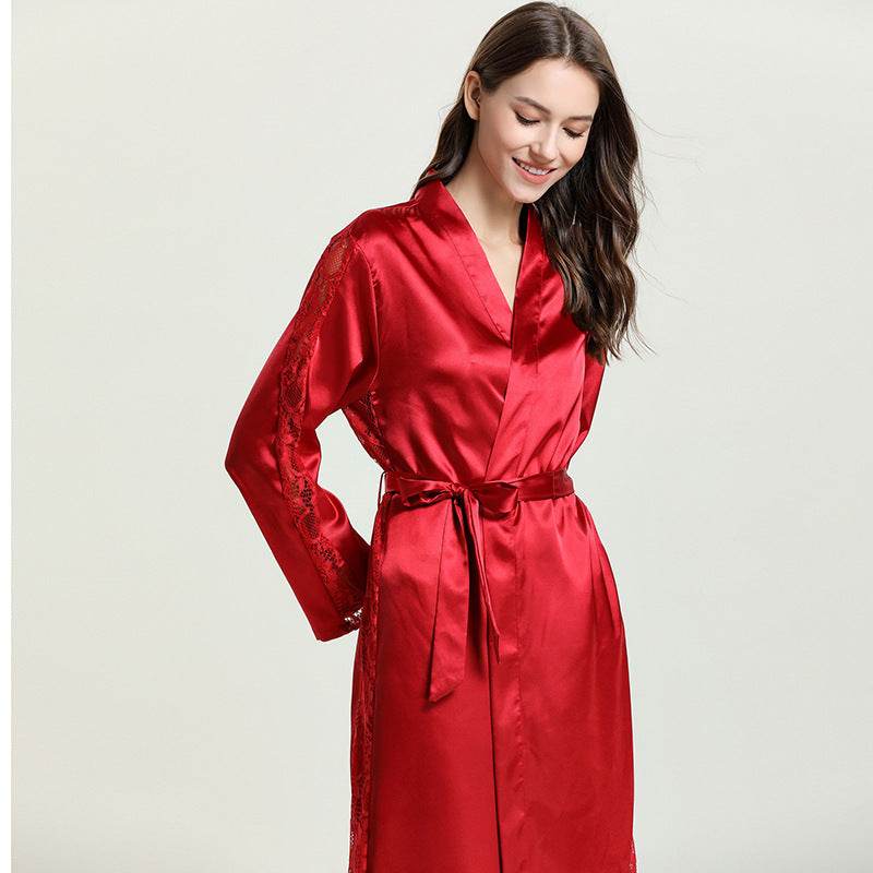Fashion Ladies Pajamas Imitation Silk Nightgown Lace Sexy Long Nightgown Bathrobe - Mubimart