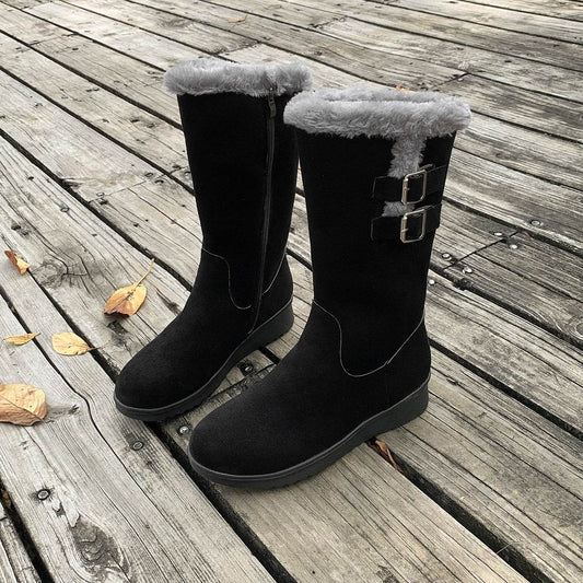 Fleece-lined Thick Mid-calf Martin Boots Wedge Heel - Mubimart