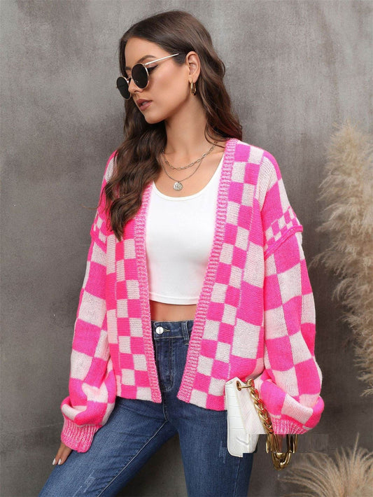 Fashion Plaid Cardigan Plus Size Coat Knitted Coat - Mubimart