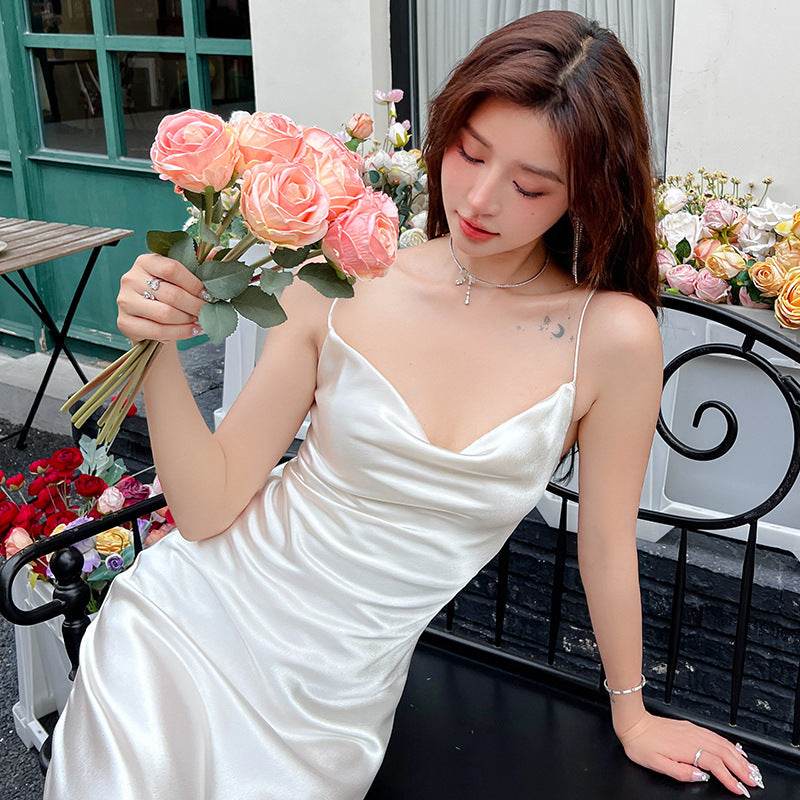 Acetate Strap Fairy Satin Sleeveless Dress Formal Dress - Mubimart