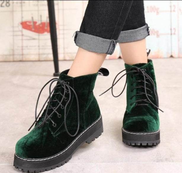 Vintage boots velvet straps ankle boots female tendon thick Martin boots - Mubimart