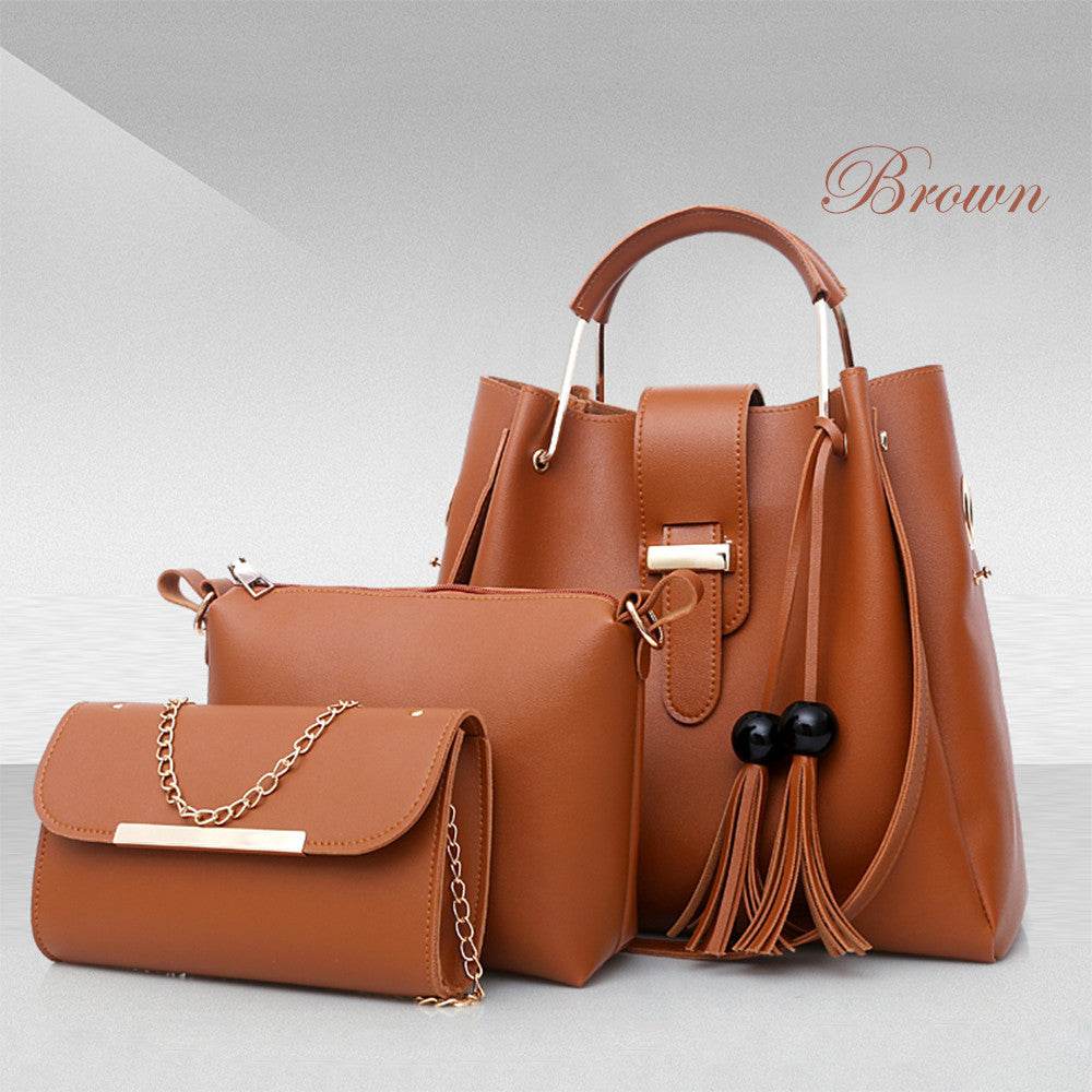Women 3Pcs Or Set Handbags PU Leather Shoulder Bags Casual Tote Bag Tassel Metal Handle Designer Composite Bags - Mubimart