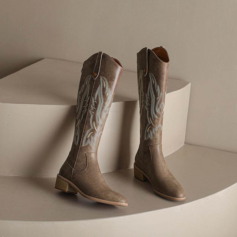 Retro Chunky Heel Embroidery Western Cowboy Boot Women - Mubimart