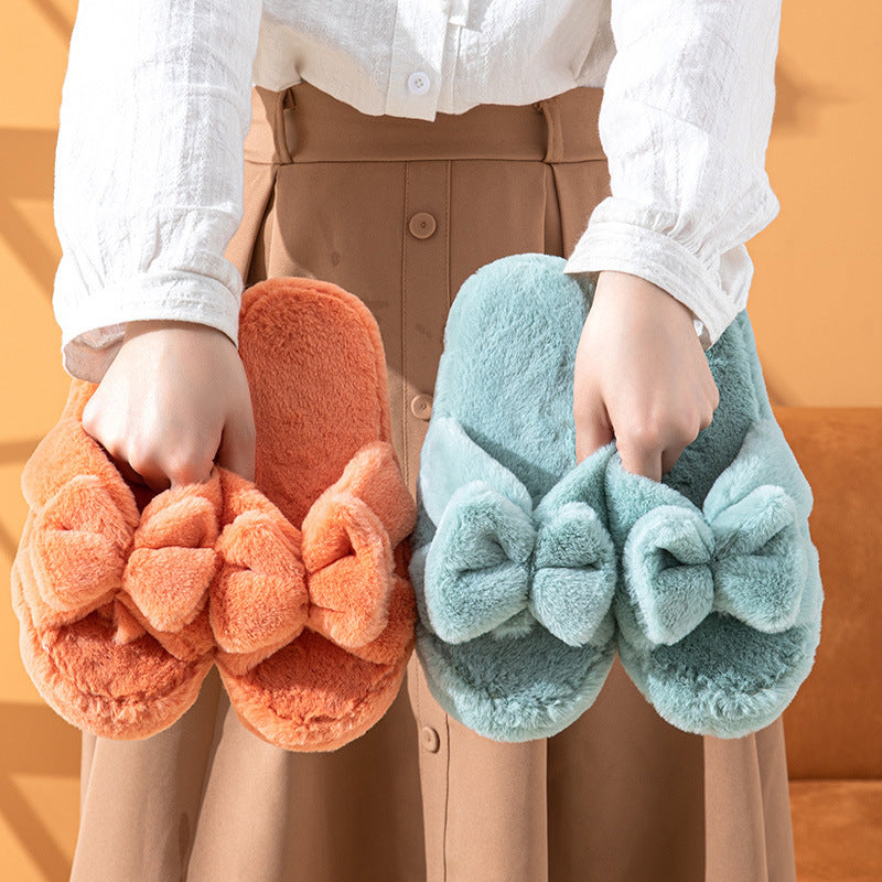 Bowknot Plush Slippers Plush Cotton Slippers - Mubimart -  