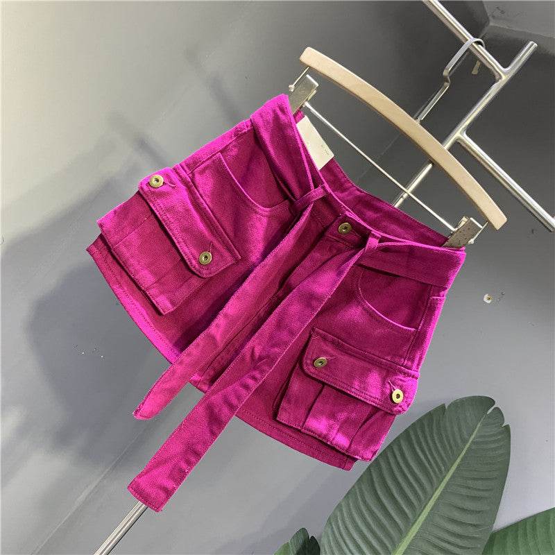 Women's Flamingo Color Denim Work Dress Short Skirt - Mubimart
