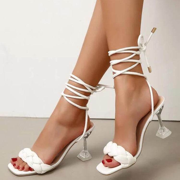 Weave Strappy Sandals Square Toe Stiletto High Heel Shoes Party Pumps - Mubimart