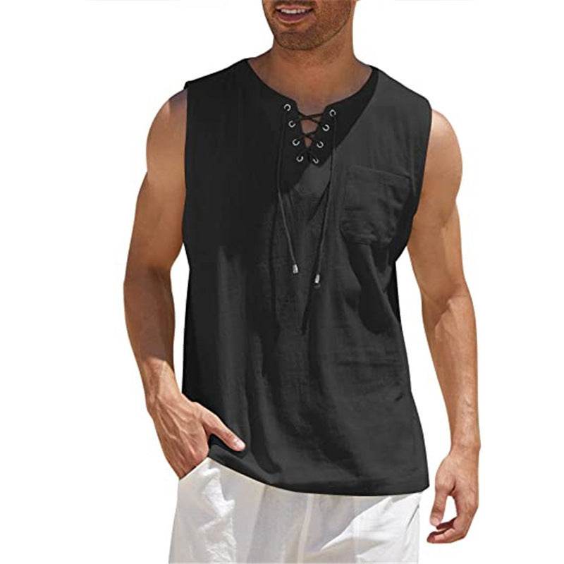 Summer Tank Vest Men Shirt Collar Tie Short Sleeve T-Shirt - Mubimart