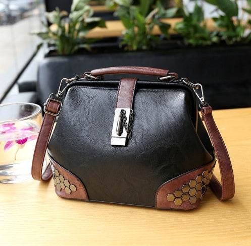 Women Handbag Leather Small Doctor Bag Women Shoulder Bag Female Crossbody Handbag Lock Chain Rivets Girls Vintage Women Bags - Mubimart
