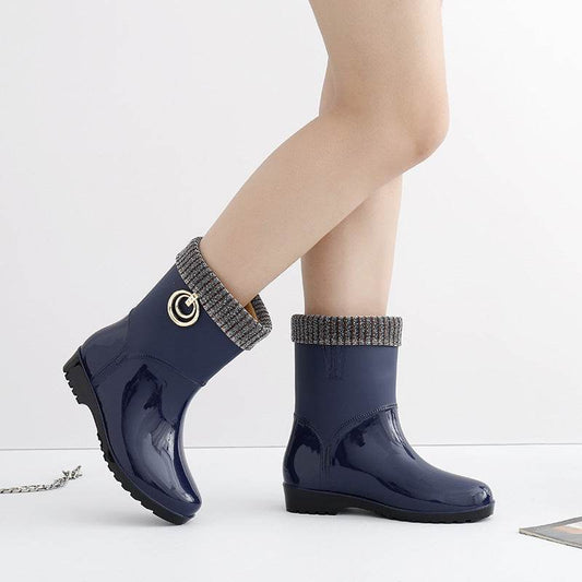 Rain boots women's drum plus cotton rain boots - Mubimart