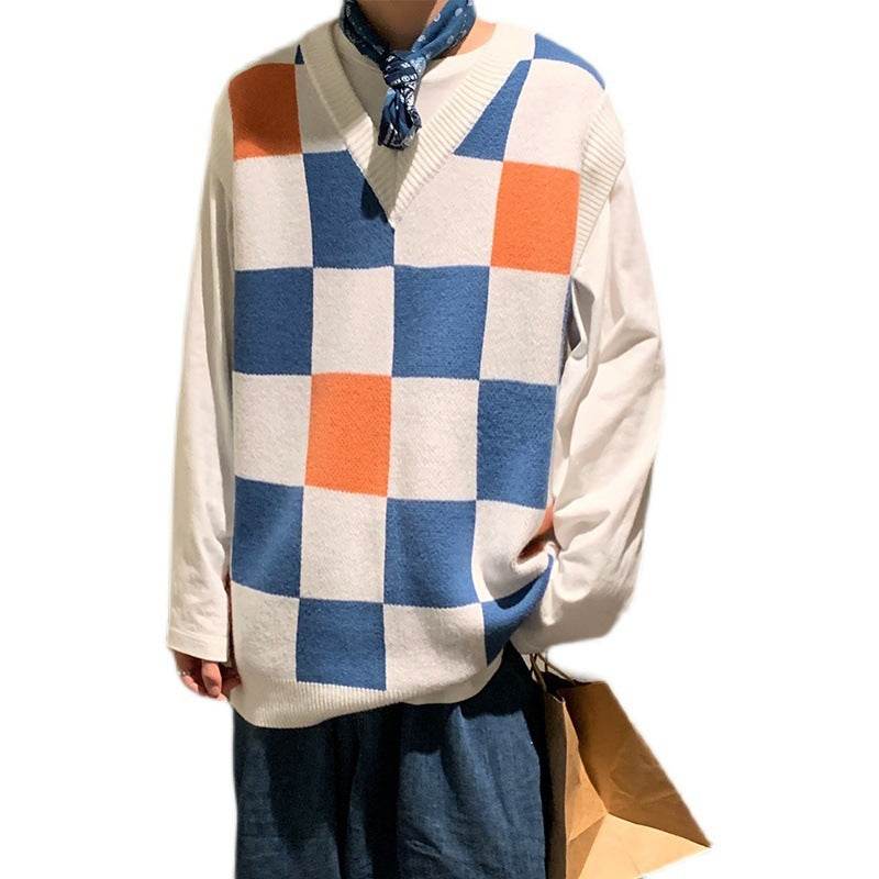 Men's Plaid Sweater V-Neck Knitted Vest - Mubimart