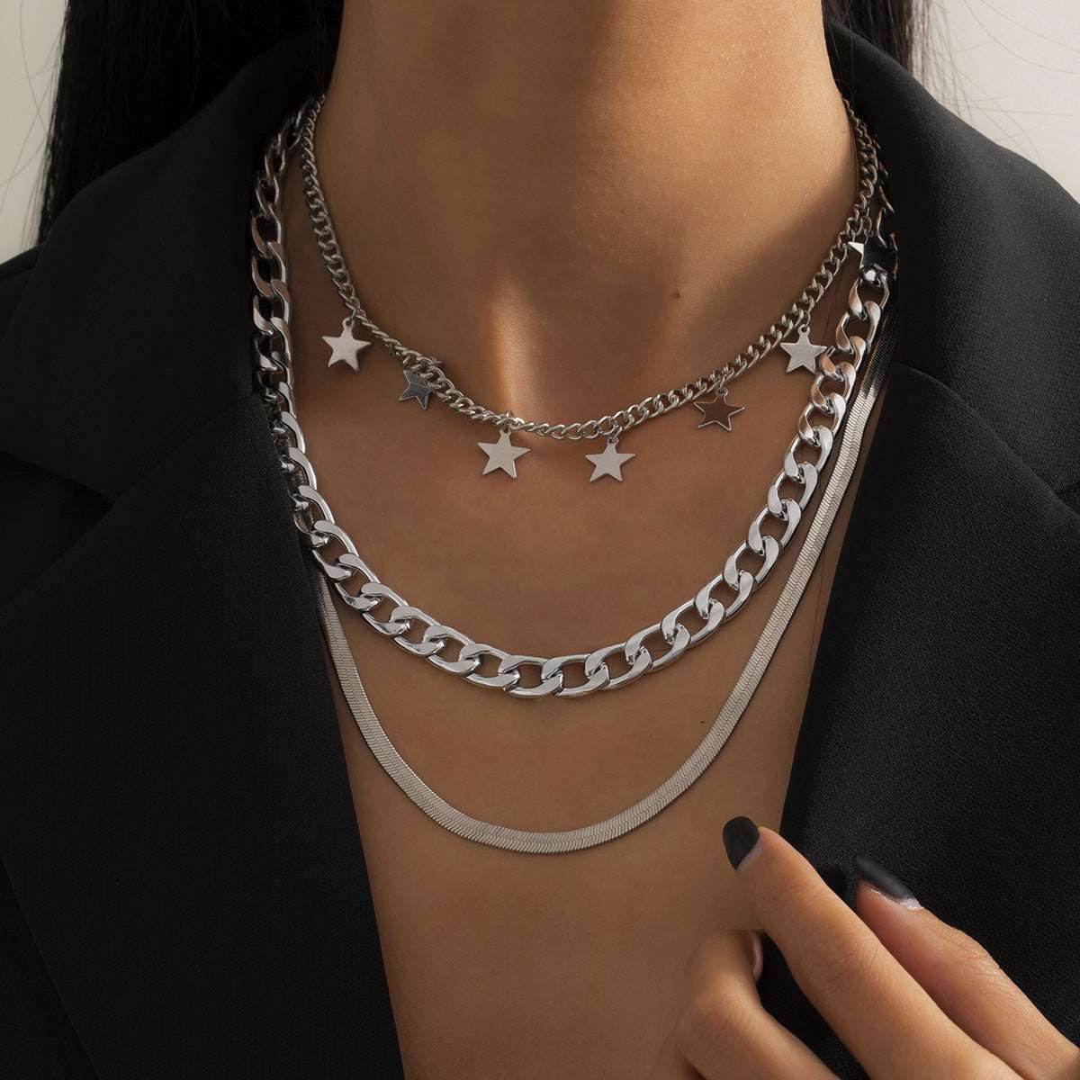 Multilayer Star Choker Necklaces for Women Punk Geometric Snake Chain - Mubimart