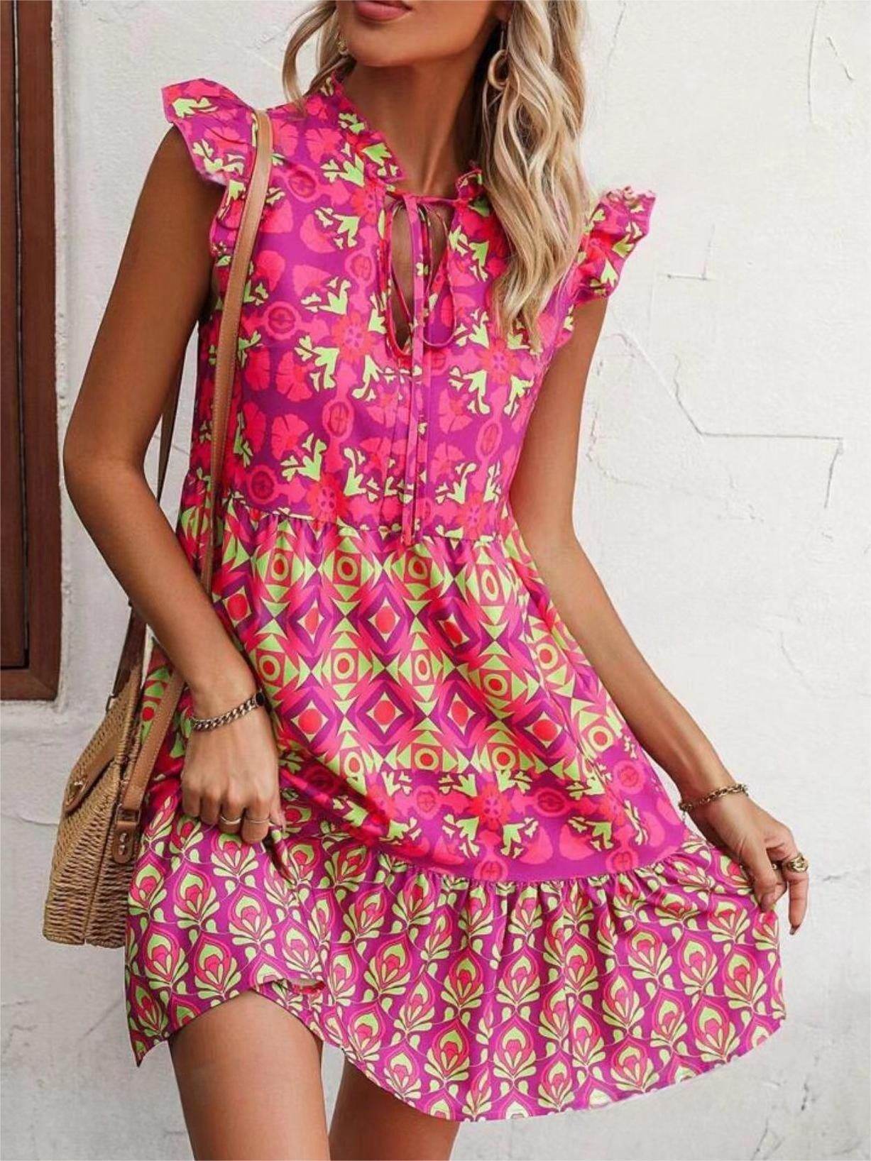 Printed Sleeveless Dress Summer Fashion V-Neck Lace-up Straight Dresses For Womens Clothing - Mubimart