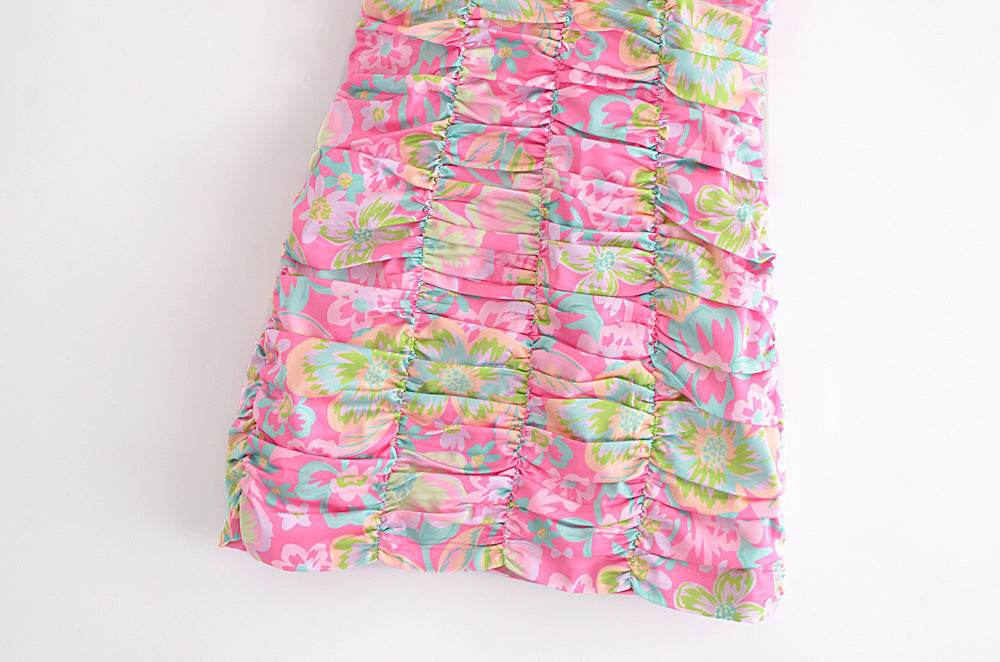 Pleated Design Printing Slip Dress Women's - Mubimart