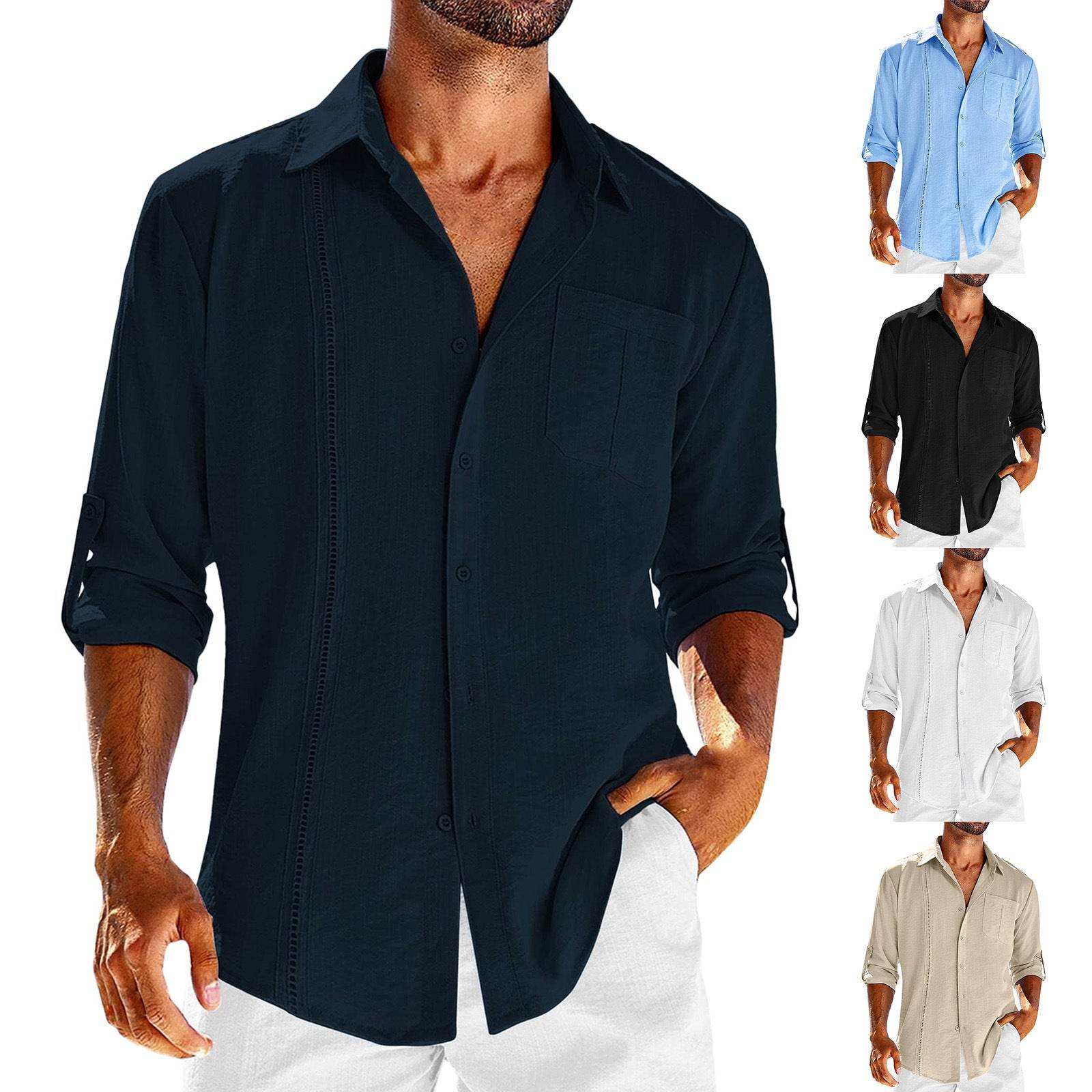 Casual Long Sleeve Shirt With Pocket Lace Polo Collar Solid Color Button Mens Clothing - Mubimart