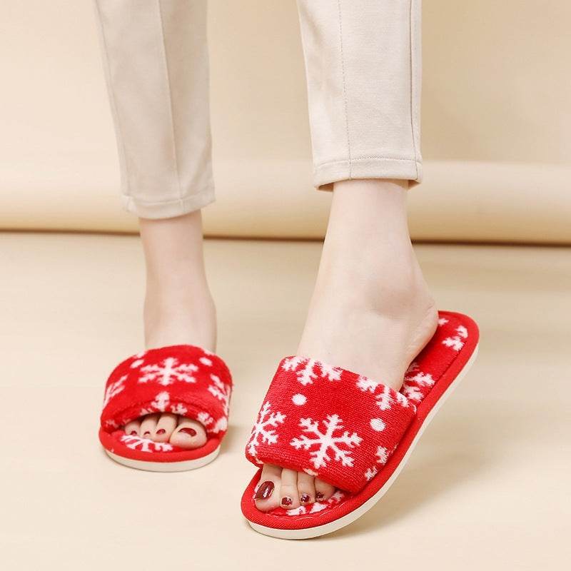 Christmas Tree Home Slippers Fashion Floor Bedroom Open-toe Plush Slippers For Women Fuzzy House Shoes - Mubimart