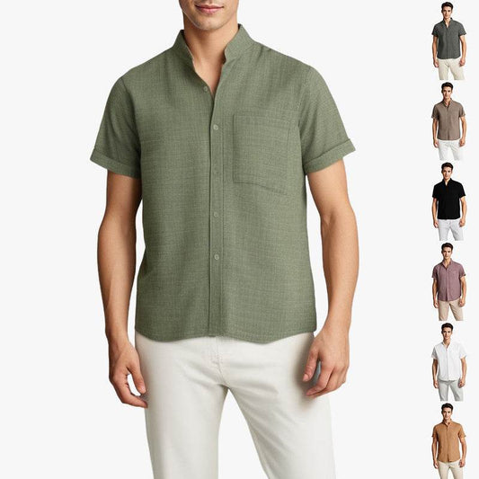 Solid-color Short-sleeved Lapel Shirt Summer Breathable Cotton And Linen Top Mens Clothing - Mubimart