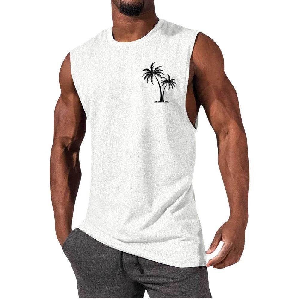Coconut Tree Embroidery Vest Summer Beach Tank Tops Workout Muscle Men Sports Fitness T-shirt - Mubimart