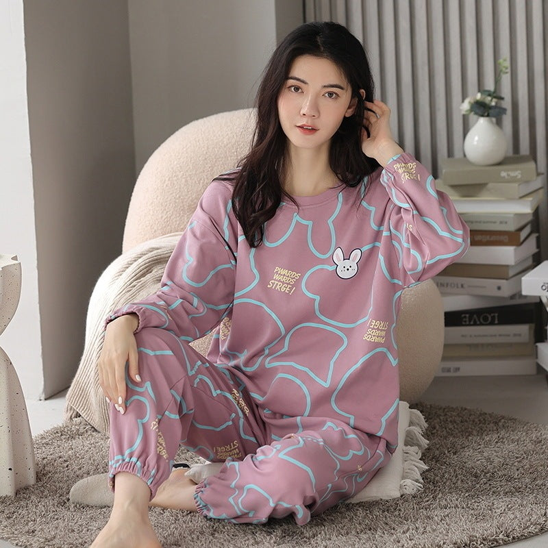 Loose Print Pajamas Women Autumn Winter Pyjama Set Long Sleeves And Trousers Elegant Sleepwear Girl Loungewear Home Clothes - Mubimart -  