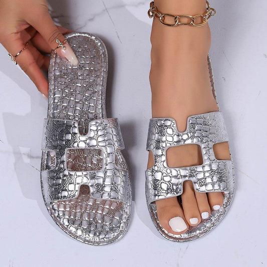 Fashion Pattern Sandals Summer Solid Color Flat Slides Slippers Casual Vacation Beach Shoes - Mubimart