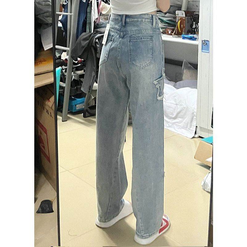 Blue XINGX Embroidered Jeans Women Loose Straight-leg Wide-leg Pants - Mubimart