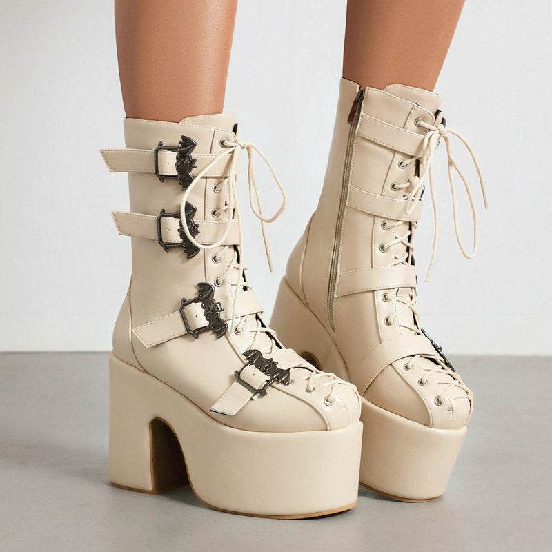 Hot Girl Punk Platform Martin Boots Women's Round Head Gothic Muffin Bottom Tall Knight Boots - Mubimart