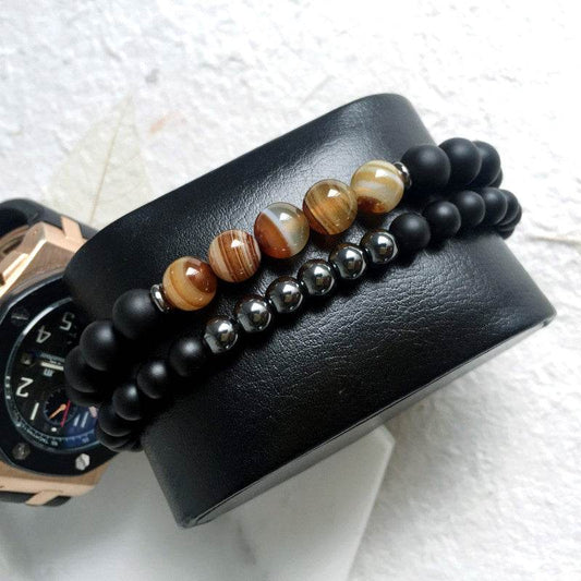 Mcllroy 2pc Natural stone Bracelet Beaded Black Mantra Prayer Beads Buddha Bracelet for Women and Mens men jewelry viking bijoux - Mubimart