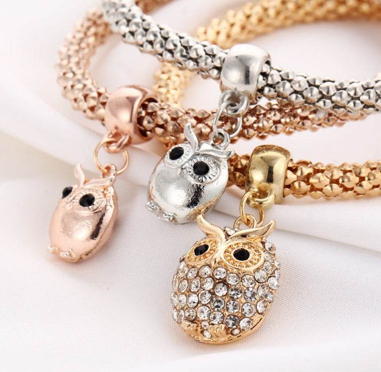 3 Pieces Set Crystal Bead Bracelet for Women Decorated with Crystal Owl Charm - Mubimart