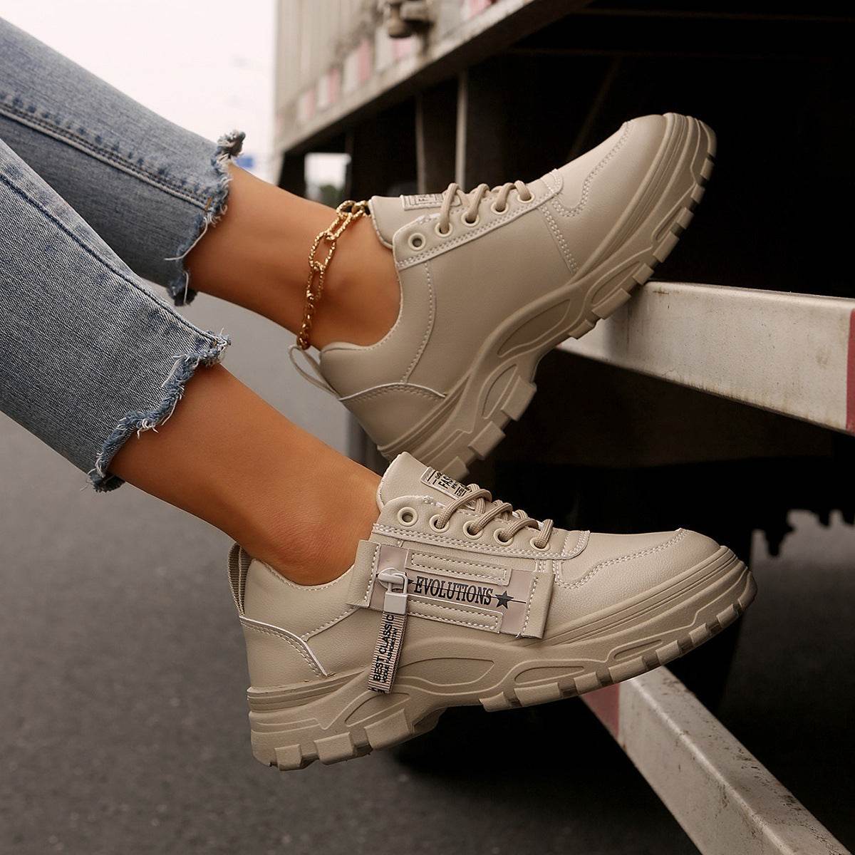 Lace-up Sports Shoes With Side-Zipper Design Fashion Thick-soled Round-toe Casual Shoes For Women Sneakers - Mubimart