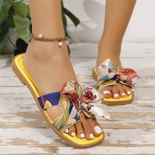 Ribbon Bow Sandals Summer New Square Toe Low Heel Sandal For Women Slides Fashion Casual Beach Shoes - Mubimart