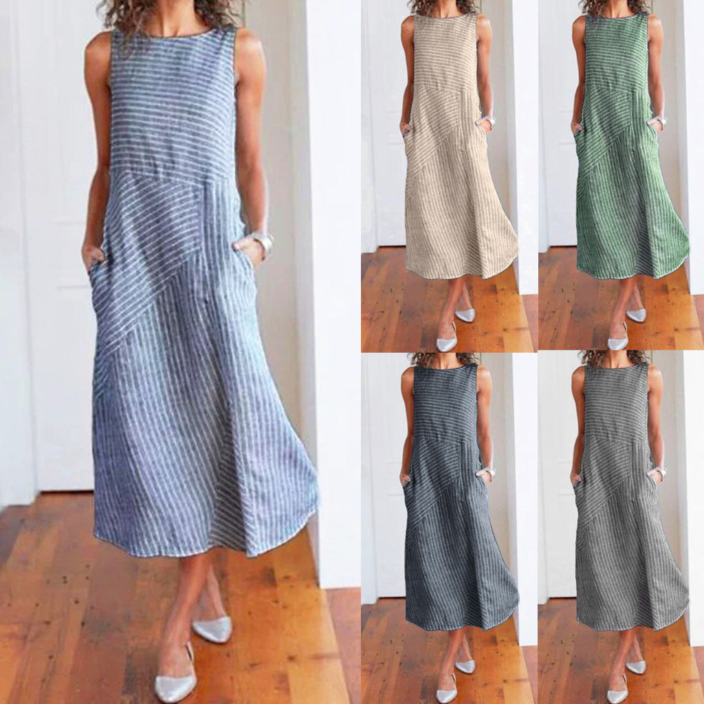 Casual striped sleeveless maxi dress - Mubimart - Plus Size Maxi Dress 