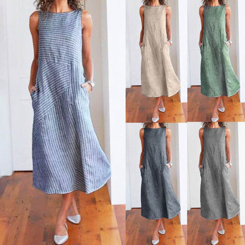 Casual striped sleeveless maxi dress - Mubimart